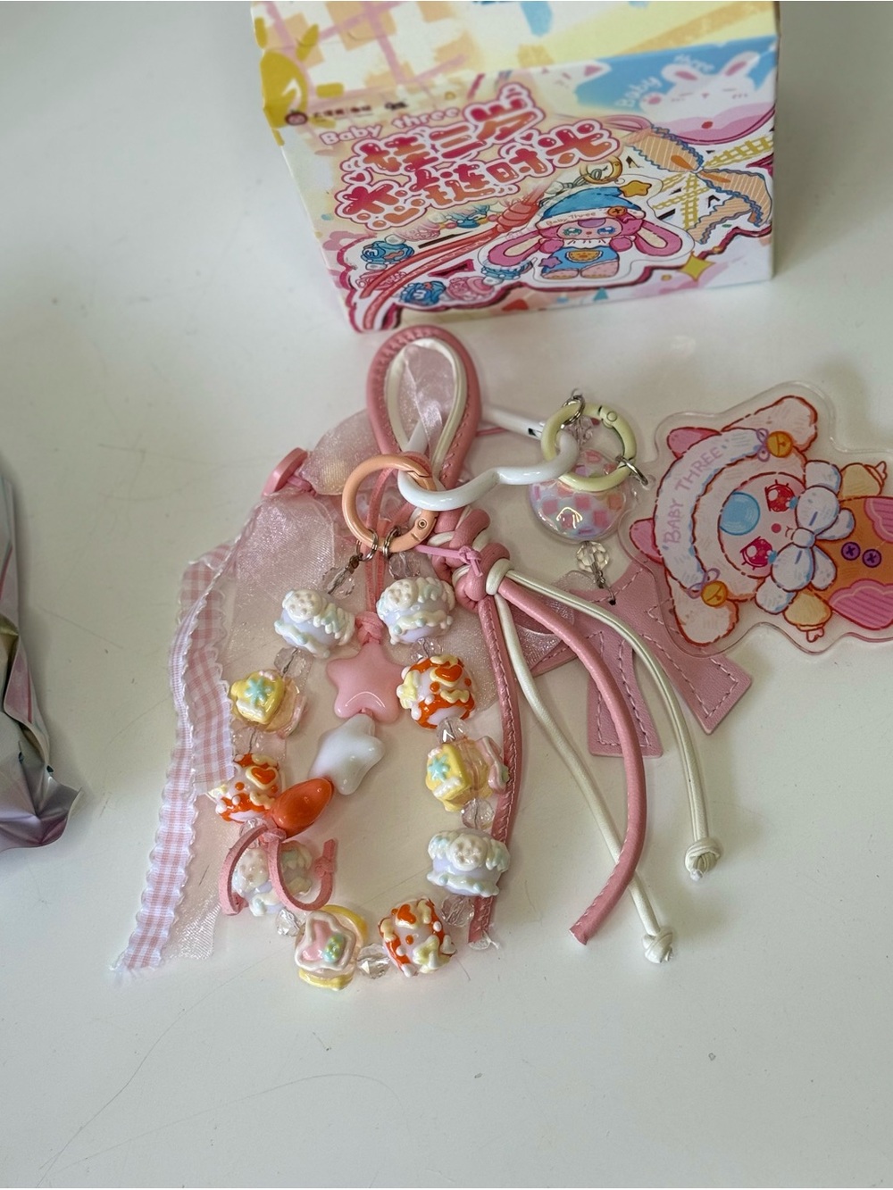 Kawaii Baby Three Pink Charm Keychain Set with Candy Beads. New and confirmed .